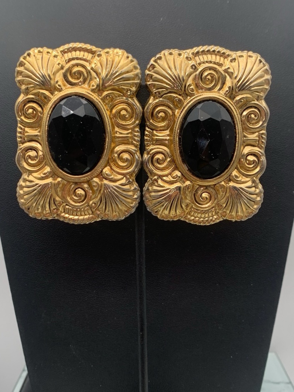 Vintage large but light ornate Gold-Tone Clip Earrings with Black Faceted bead